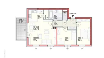 Grundriss der Wohnung Top 1/6 im Obergeschoss mit Balkon, zwei Schlafzimmern, Bad und separatem WC.