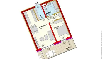 Grundriss der Wohnung W1/15 im Obergeschoss mit Wohnküche, Zimmer und Balkon.