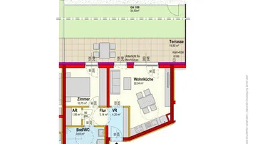 Grundriss einer Erdgeschosswohnung mit offener Wohnküche, einem Schlafzimmer, Bad, Terrasse und eigenem Garten.