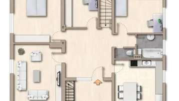 Grundriss einer Etage mit Wohnzimmer, Essbereich, Küche, zwei Schlafzimmern und zwei Bädern.