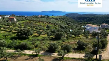 Weitläufige Landschaft mit Olivenhainen, Häusern und Meerblick unter blauem Himmel.