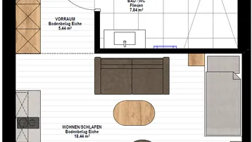 Detaillierter Grundriss einer Wohnung mit Wohn-/Schlafbereich, Bad und Vorraum.