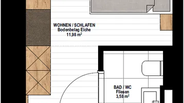 Grundriss einer Wohnung mit Wohn-/Schlafbereich, Bad/WC und Vorraum.