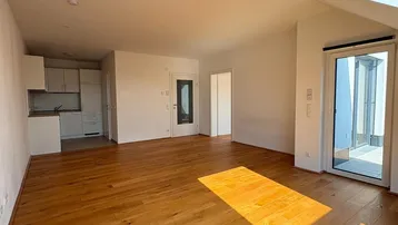 Helles Wohn-Esszimmer mit Holzboden und integrierter Küchenzeile, Zugang zur Terrasse.