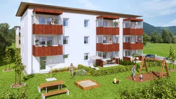 Modernes Mehrfamilienhaus mit Balkonen, großem Garten und Kinderspielplatz im Grünen.