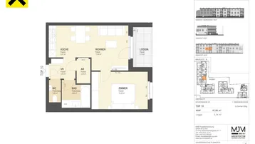 Grundriss einer Wohnung mit offenem Wohnbereich, separatem Schlafzimmer, Loggia und Abstellraum.