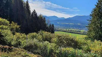 Panoramablick auf eine grüne Berglandschaft mit Wäldern und Feldern unter blauem Himmel.