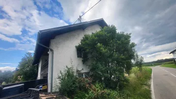 Seitenansicht eines älteren Wohnhauses mit Satteldach, umgeben von üppiger Vegetation und einer Landstraße.