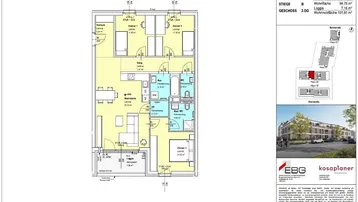 Detaillierter Grundriss einer Wohnung mit drei Zimmern, zwei Bädern und einer Loggia.