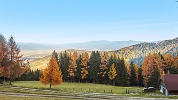 Malerische Herbstlandschaft mit bunten Bäumen und Bergen im Hintergrund, ein Hausdach ist sichtbar.