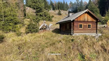 Rustikale Holzhütte in alpiner Landschaft mit rauchendem Schornstein, umgeben von Nadelbäumen und Wiesen.