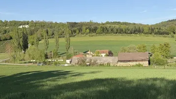 Weite grüne Felder mit Bauernhöfen und bewaldeten Hügeln im Hintergrund unter strahlend blauem Himmel.