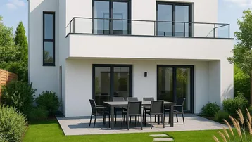 Moderne weiße Villa mit Flachdach, großer Terrasse und gepflegtem Gartenbereich.