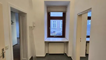 Langer Flur mit Teppichboden, einem Fenster und Türen zu angrenzenden Räumen, beleuchtet von einer Deckenleuchte.