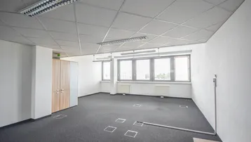 Geräumiges Büro mit Teppichboden, abgehängter Decke und großen Fenstern für viel Tageslicht.