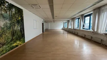 Geräumiger, leerer Büroraum mit hellem Laminatboden und einer Wand mit Waldmotiv. Große Fensterfronten lassen viel Tageslicht herein.