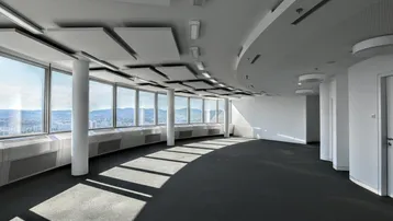 Geräumiges, modernes Büro mit Teppichboden und großen Fenstern, die einen weiten Blick über die Stadt bieten.