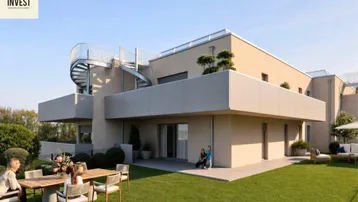 Moderne Villa mit großem Garten, Außenterrasse und Wendeltreppe zum Dachbereich.