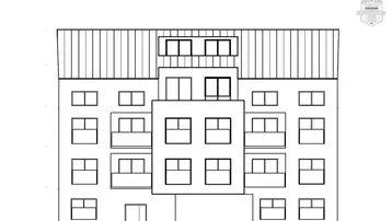 Architektonische Zeichnung der Gebäudefassade mit mehreren Balkonen und einem Mansarddach.