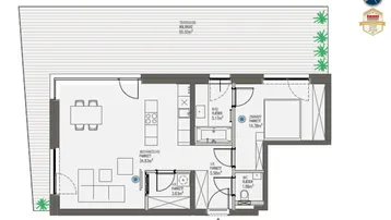 Detaillierter Grundriss einer Wohnung mit offener Wohnküche, Schlafzimmer und großer Terrasse.