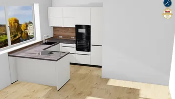 Moderne weiße Küche mit Holzakzenten, Einbaugeräten und Blick ins Grüne.