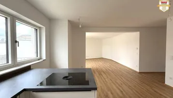 Moderne Küche mit dunkler Arbeitsplatte und Induktionskochfeld, offen zum Wohnbereich.