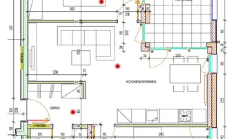 Grundriss einer Wohnung mit offenem Wohn-Essbereich, zwei Schlafzimmern und großer Terrasse.