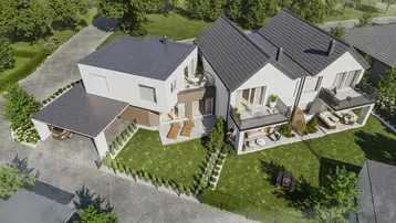 Luftaufnahme von modernen Doppelhäusern mit Gärten, Terrassen und Carports in grüner Umgebung.