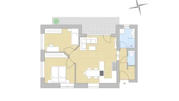 Grundriss einer Wohnung mit offenem Wohnbereich, zwei Schlafzimmern und zwei Bädern.