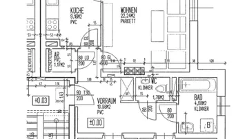 Grundriss einer Wohnung mit Wohnzimmer, Küche, zwei Schlafzimmern, Bad, WC, Loggia und Balkon.