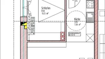 Grundriss einer Wohnung mit Schlafzimmer, Wohnbereich, Küche, Bad und Loggia.