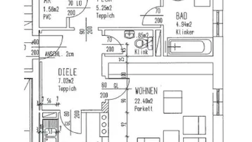 Grundriss einer Wohnung mit zwei Schlafzimmern, separater Küche, Bad, WC, Loggia und Balkon.