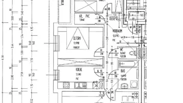 Grundriss einer Wohnung mit offenem Wohnbereich, zwei Schlafzimmern, Bad und Loggia.