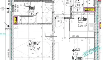 Grundriss einer Wohnung mit drei Zimmern, separater Küche, Bad, Gäste-WC und Loggia.