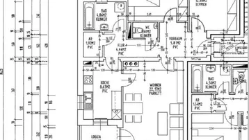 Detaillierter Grundriss einer Wohnung mit drei Schlafzimmern, zwei Bädern und Loggia.