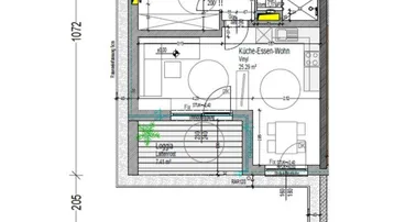 Grundriss einer 2-Zimmer-Wohnung mit offener Küche, Wohnbereich, Schlafzimmer und Loggia.
