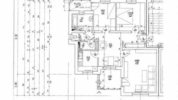 Detaillierter Grundriss einer Wohnung mit Schlafzimmer, Bad und offenem Wohnbereich.