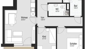 Detaillierter Grundriss einer Wohnung mit offener Küche, Wohnbereich, Loggia, Bad und separatem WC.
