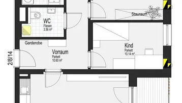 Grundriss einer modernen Wohnung mit offenem Wohnbereich, zwei Schlafzimmern, Bad, separatem WC und Loggia.