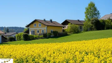 Gelbes Einfamilienhaus auf einem grünen Hügel mit weitem Blick über ein Rapsfeld.