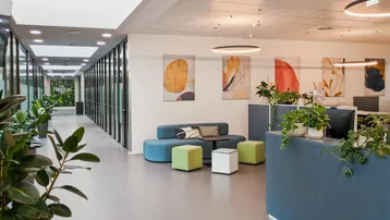 Moderner Bürobereich mit Lounge-Sitzgelegenheiten, Pflanzen und einem langen Flur mit Glaswänden.