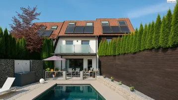 Modernes Reihenhaus mit privatem Pool, Sonnenterrasse und gepflegtem Gartenbereich.