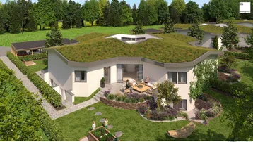 Visualisierung eines modernen Hauses mit begrüntem Dach, großer Terrasse und weitläufigem Gartenbereich.