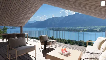 Geräumige Terrasse mit Holzboden und bequemen Möbeln, die einen atemberaubenden Blick auf den See und die Berge bietet.