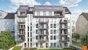 Moderne Wohnanlage mit weißer Fassade, zahlreichen Balkonen und begrüntem Vorgarten.