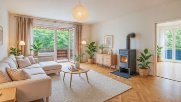 Helles Wohnzimmer mit Parkettboden, Kaminofen und Zugang zum Balkon mit Grünblick.