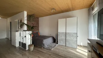 Helles Schlafzimmer mit Holzbalkendecke, Parkettboden und modernem Kleiderschrank.