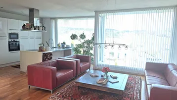 Heller offener Wohnbereich mit moderner Küche, roten Ledersofas und weitem Ausblick durch große Fenster.