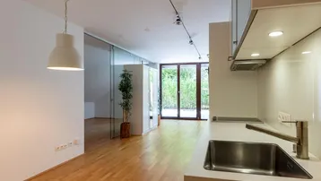 Moderne Küche mit Spülbecken, Kochfeld und Blick auf den hellen Wohnbereich und den Garten.
