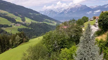 Weitläufiger Panoramablick auf majestätische Berge und ein grünes Tal mit bewaldeten Hängen.